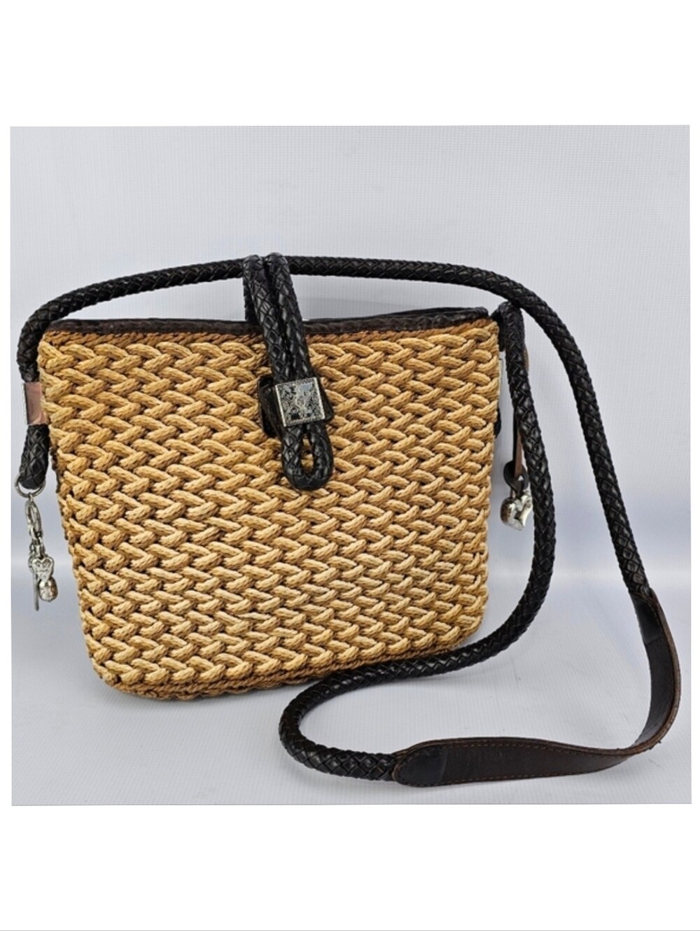 Brighton Vintage Woven Cord Crossbody Shoulder Bag Brown Tan Small